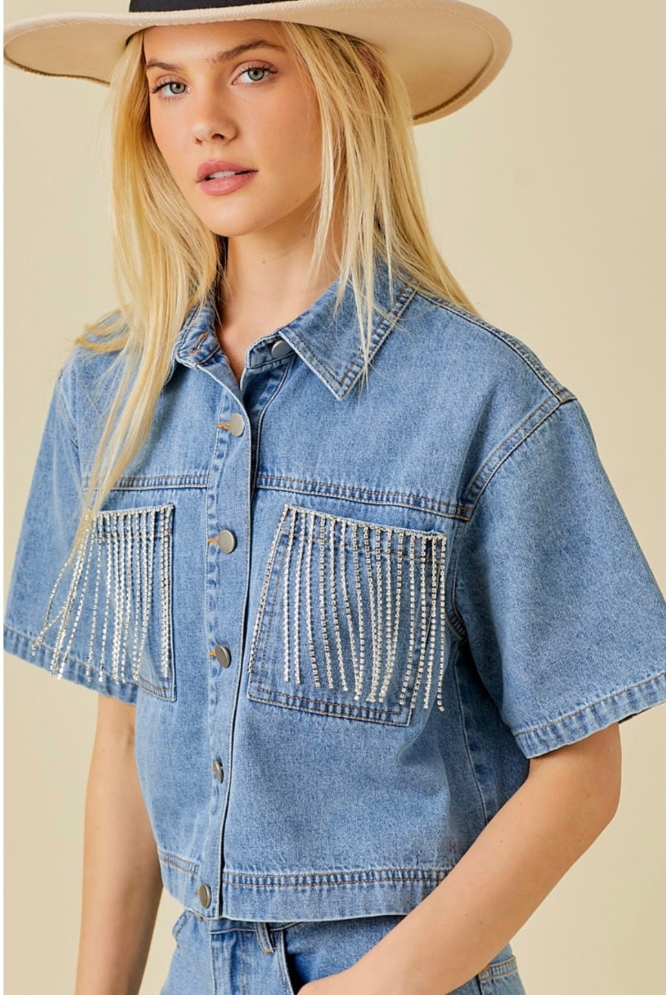 Pocket Falling Rhinestone Trim Denim Crop Shirt - Bella Boutique & Bellasbylola.com