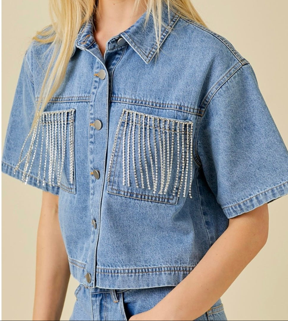 Pocket Falling Rhinestone Trim Denim Crop Shirt - Bella Boutique & Bellasbylola.com