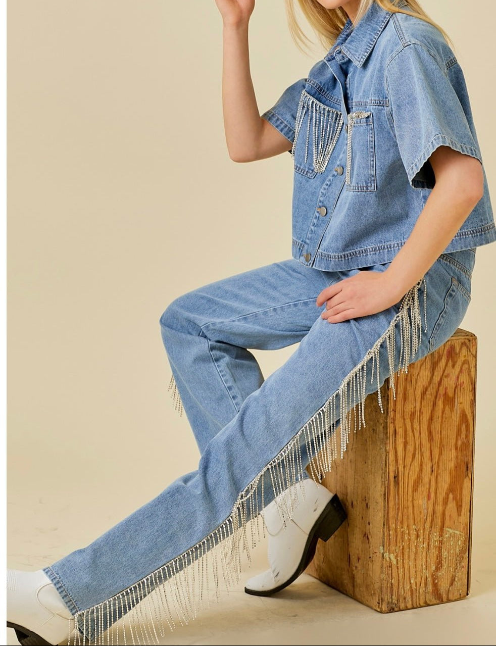 Pocket Falling Rhinestone Trim Denim Crop Shirt - Bella Boutique & Bellasbylola.com