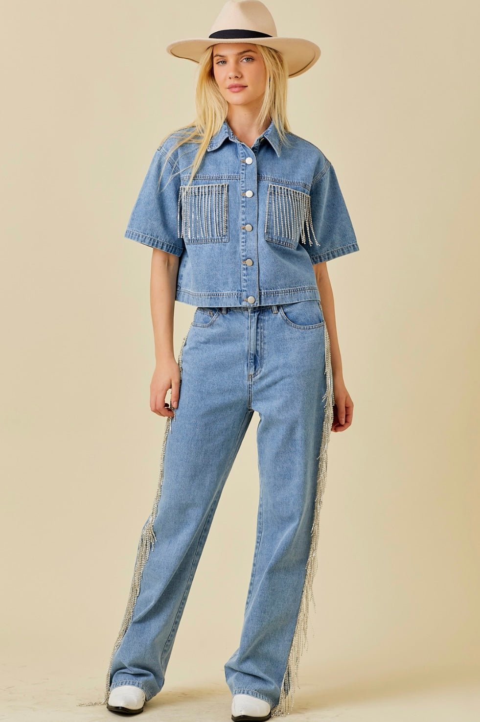 Pocket Falling Rhinestone Trim Denim Crop Shirt - Bella Boutique & Bellasbylola.com