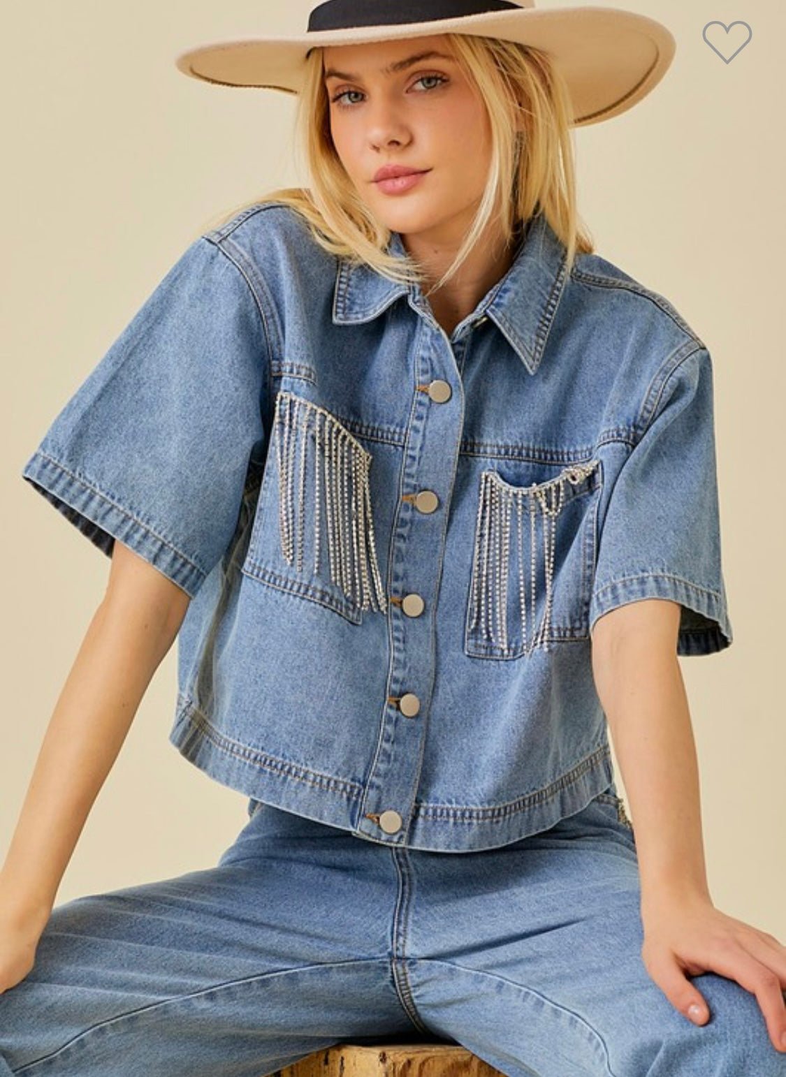 Pocket Falling Rhinestone Trim Denim Crop Shirt - Bella Boutique & Bellasbylola.com