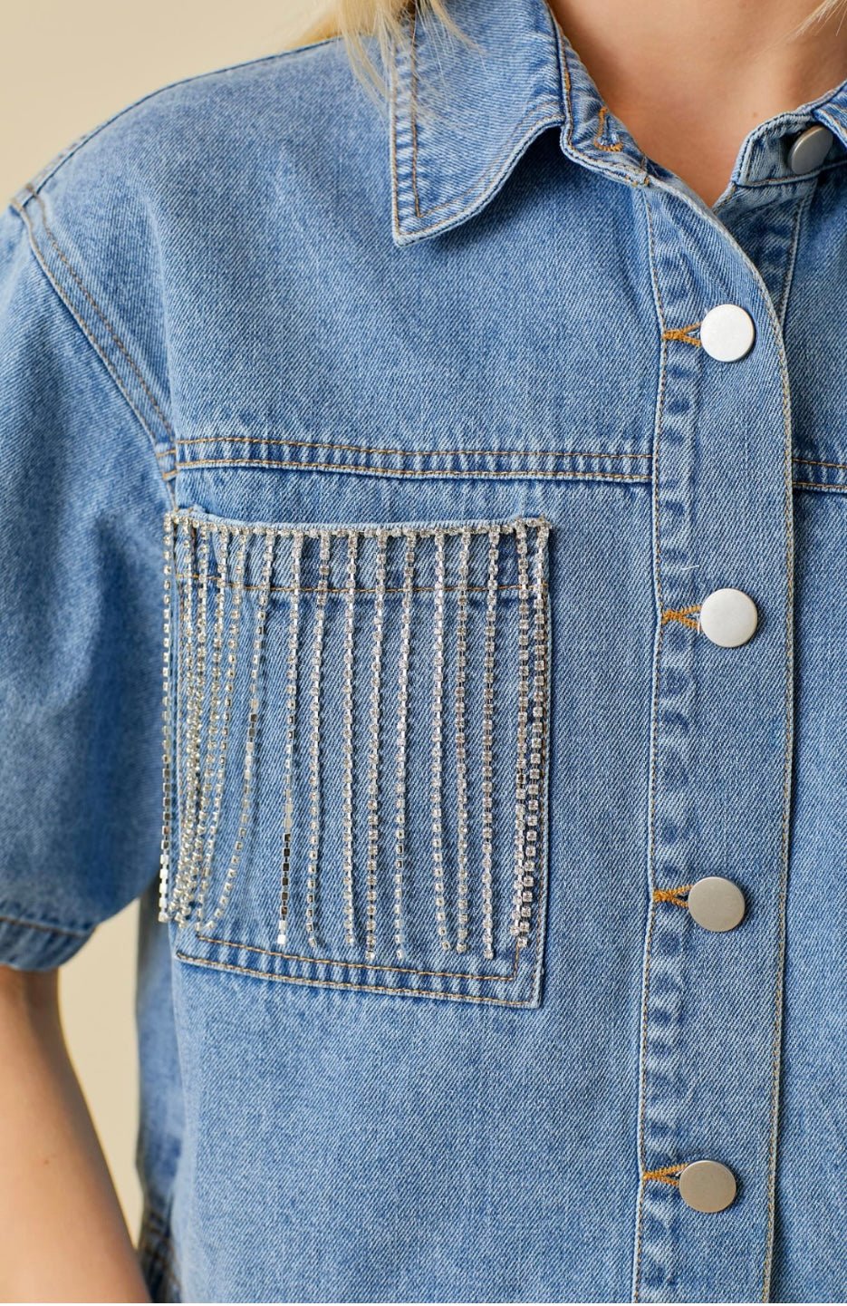 Pocket Falling Rhinestone Trim Denim Crop Shirt - Bella Boutique & Bellasbylola.com