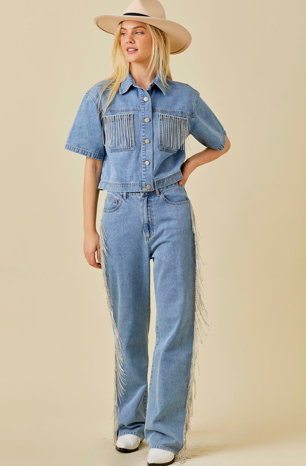 Pocket Falling Rhinestone Trim Denim Crop Shirt - Bella Boutique & Bellasbylola.com