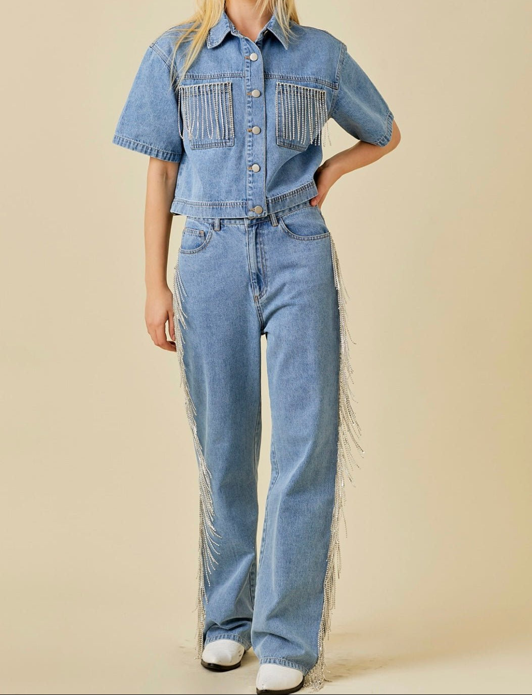 Pocket Falling Rhinestone Trim Denim Crop Shirt - Bella Boutique & Bellasbylola.com