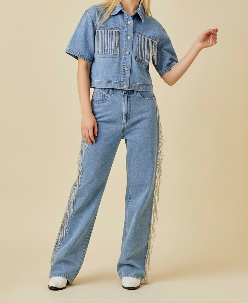 Pocket Falling Rhinestone Trim Denim Crop Shirt - Bella Boutique & Bellasbylola.com