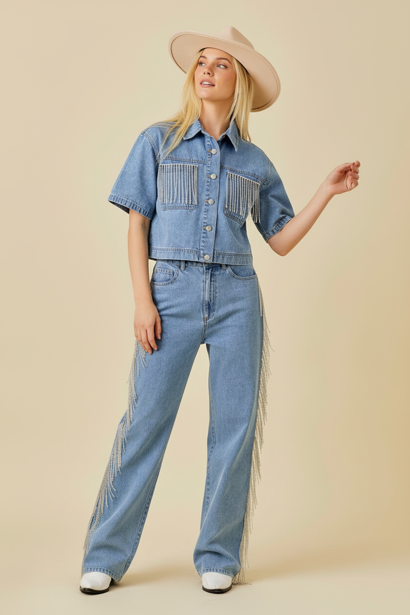 Pocket Falling Rhinestone Trim Denim Crop Shirt - Bella Boutique & Bellasbylola.com