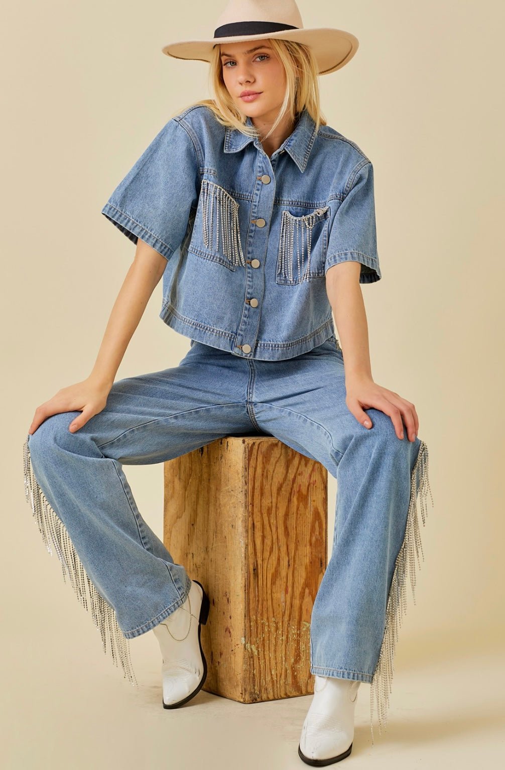 Pocket Falling Rhinestone Trim Denim Crop Shirt - Bella Boutique & Bellasbylola.com