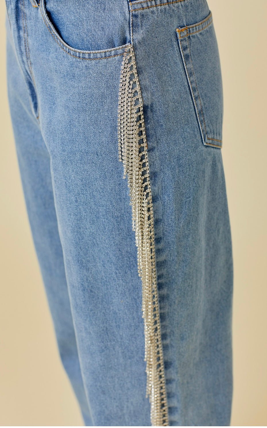 Side And Back Rhinestone Fringe Trim Denim Pants - Bella Boutique & Bellasbylola.com