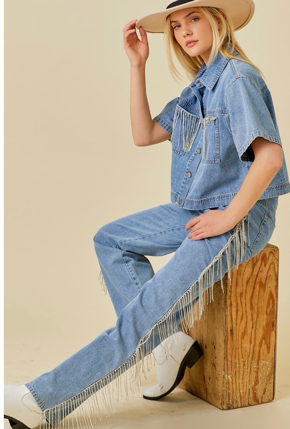 Side And Back Rhinestone Fringe Trim Denim Pants - Bella Boutique & Bellasbylola.com