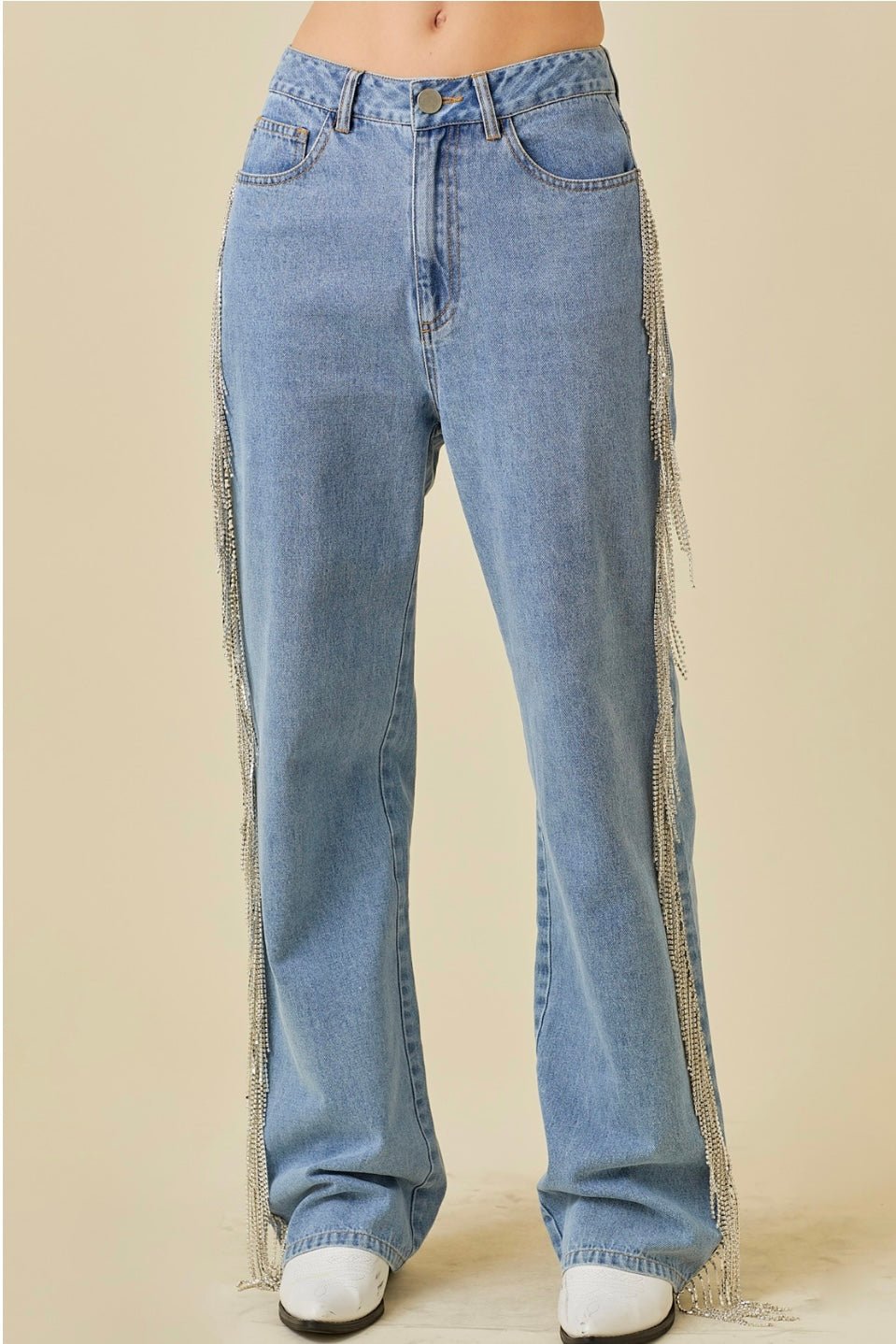 Side And Back Rhinestone Fringe Trim Denim Pants - Bella Boutique & Bellasbylola.com