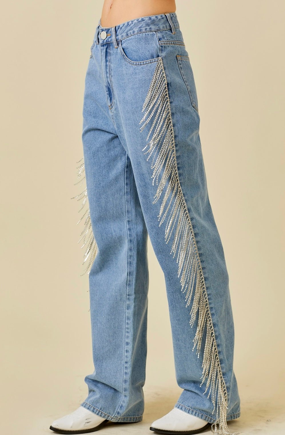 Side And Back Rhinestone Fringe Trim Denim Pants - Bella Boutique & Bellasbylola.com