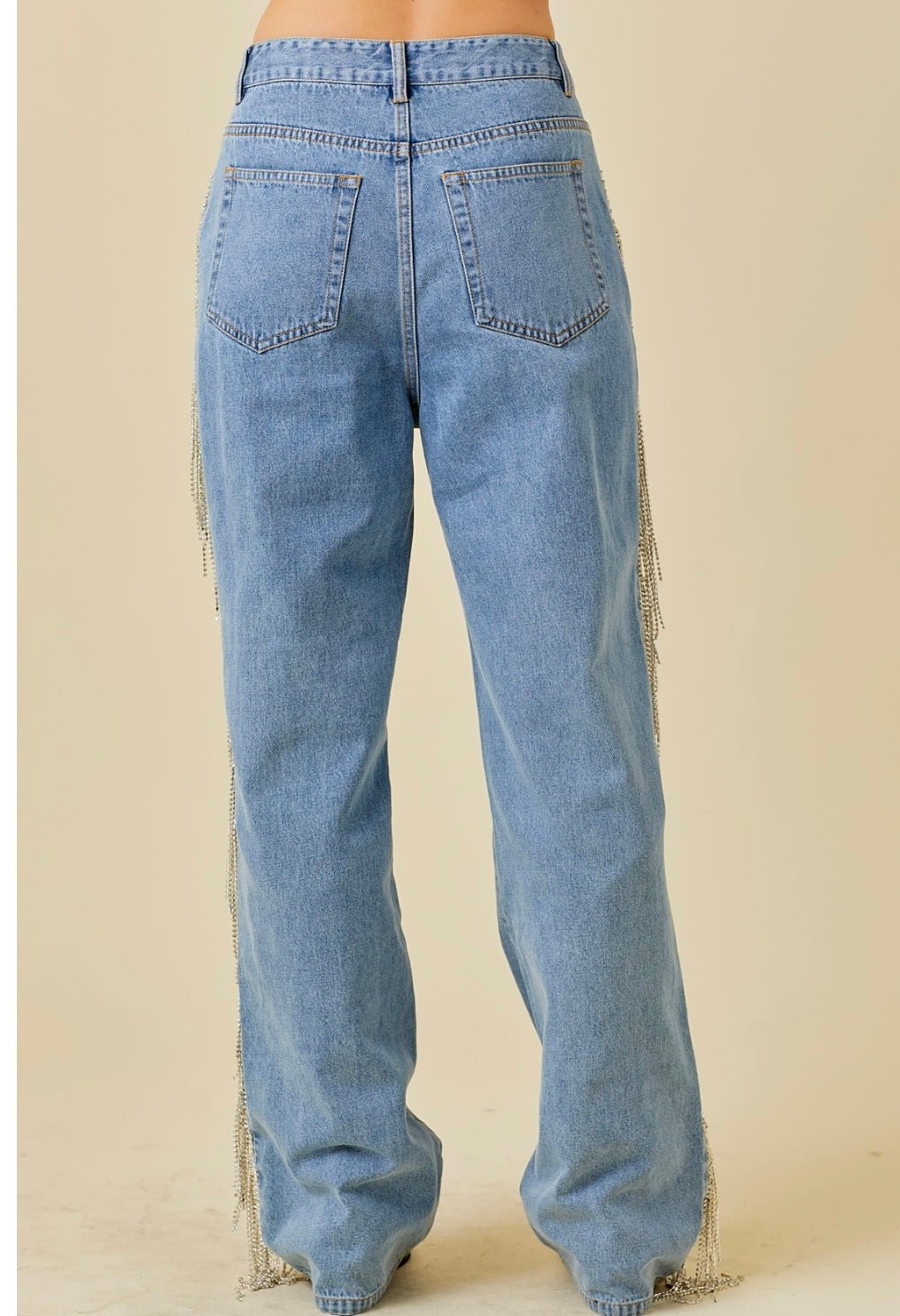 Side And Back Rhinestone Fringe Trim Denim Pants - Bella Boutique & Bellasbylola.com