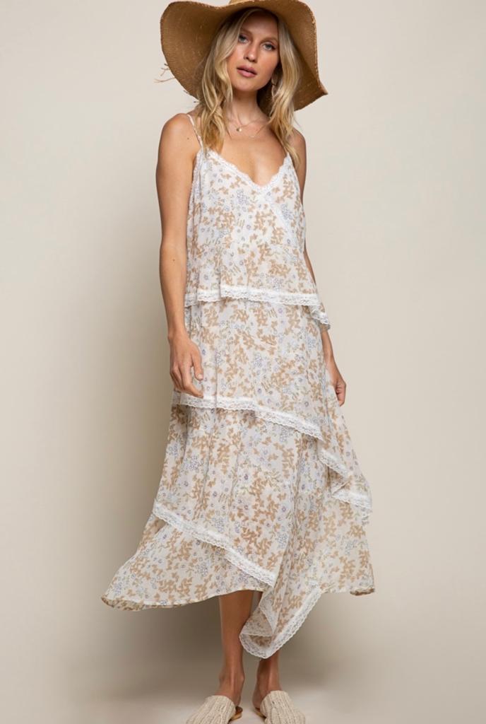 Romantic Beige Spaghetti Strap Dress with Ruffle Design and Feminine Elegance - Bella Boutique & Bellasbylola.com