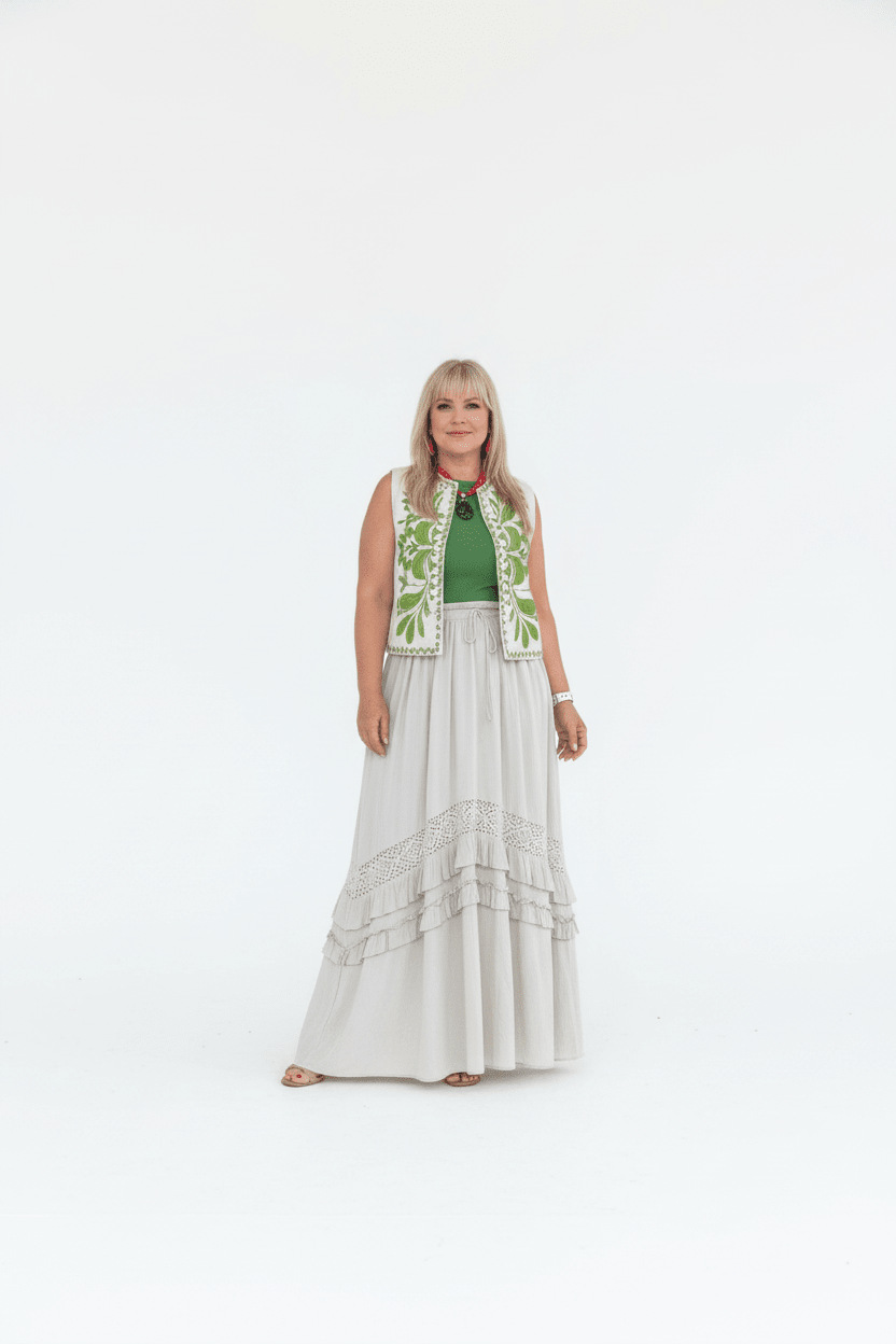 Sage Tiered Ruffle Maxi Skirt with Crochet Lace Trim and Pockets - Bella & Bellasbylola.com