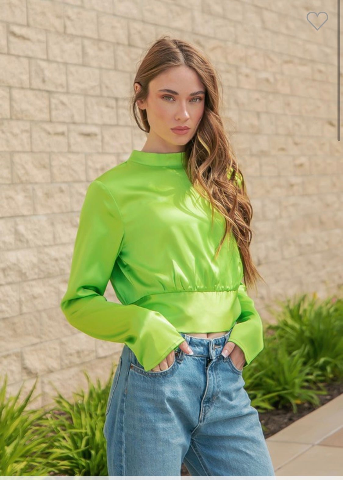 Daring Adventure Satin Blouse: Mock Neck, Shirred Waist, Cropped, Back Bow Tie - Bella Boutique & Bellasbylola.com