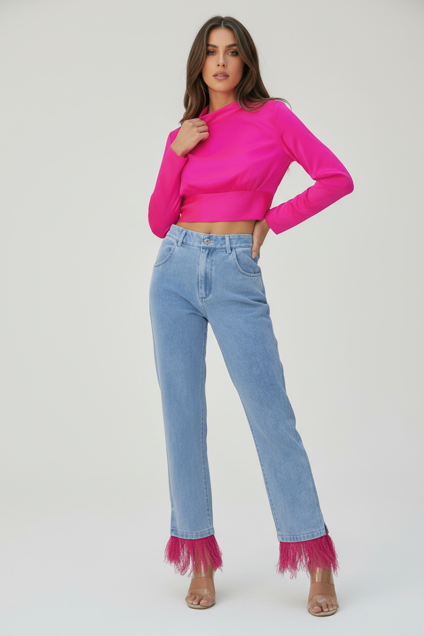 Daring Adventure Satin Blouse: Mock Neck, Shirred Waist, Cropped, Back Bow Tie