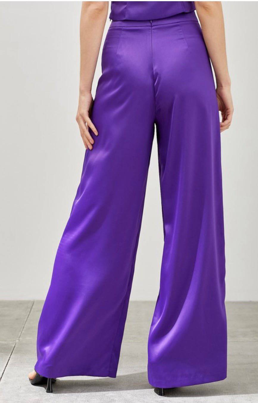 Sleek Purple Wide Leg Satin Pants - Bella Boutique & Bellasbylola.com