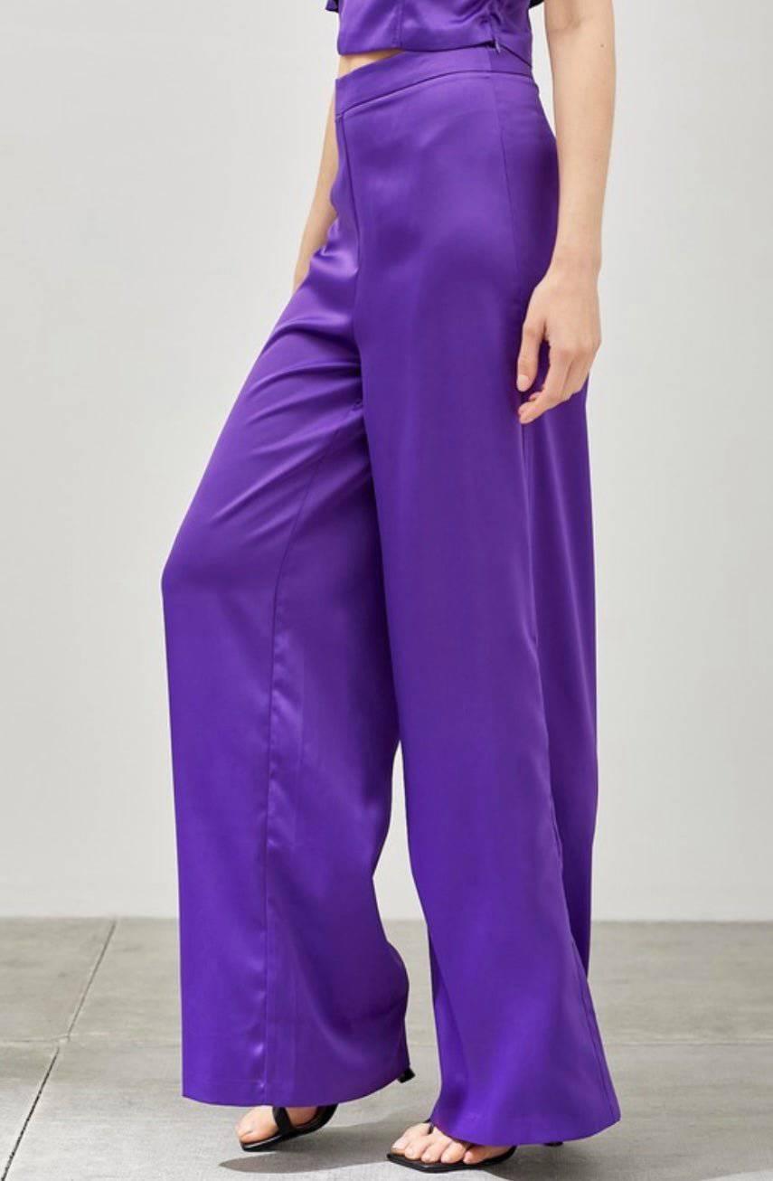 Sleek Purple Wide Leg Satin Pants - Bella Boutique & Bellasbylola.com