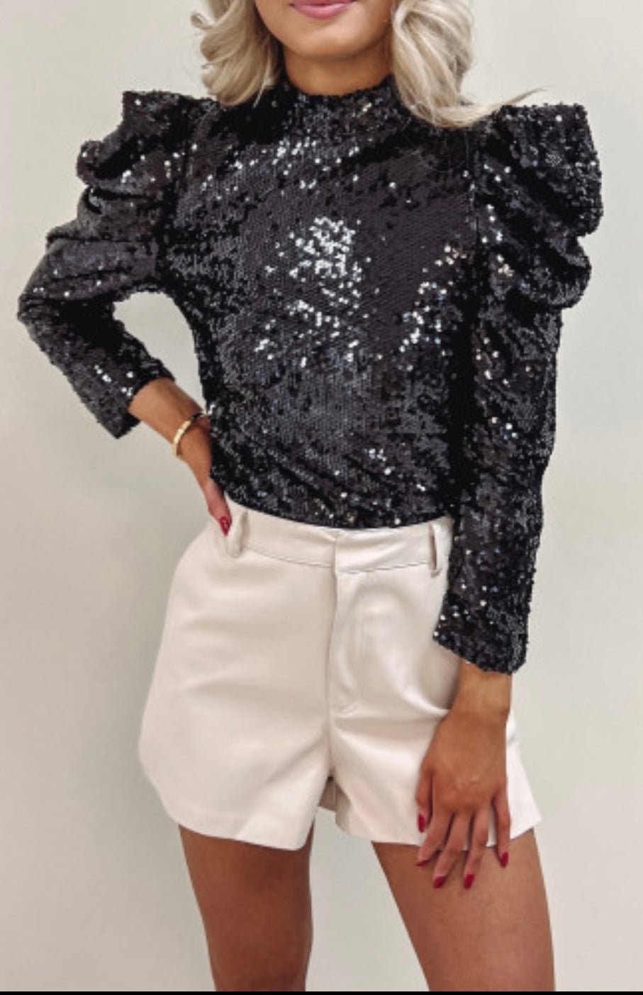 Black Sequin Puff Sleeve Mock Neck Top with Zipper Closure - Bella Boutique & Bellasbylola.com