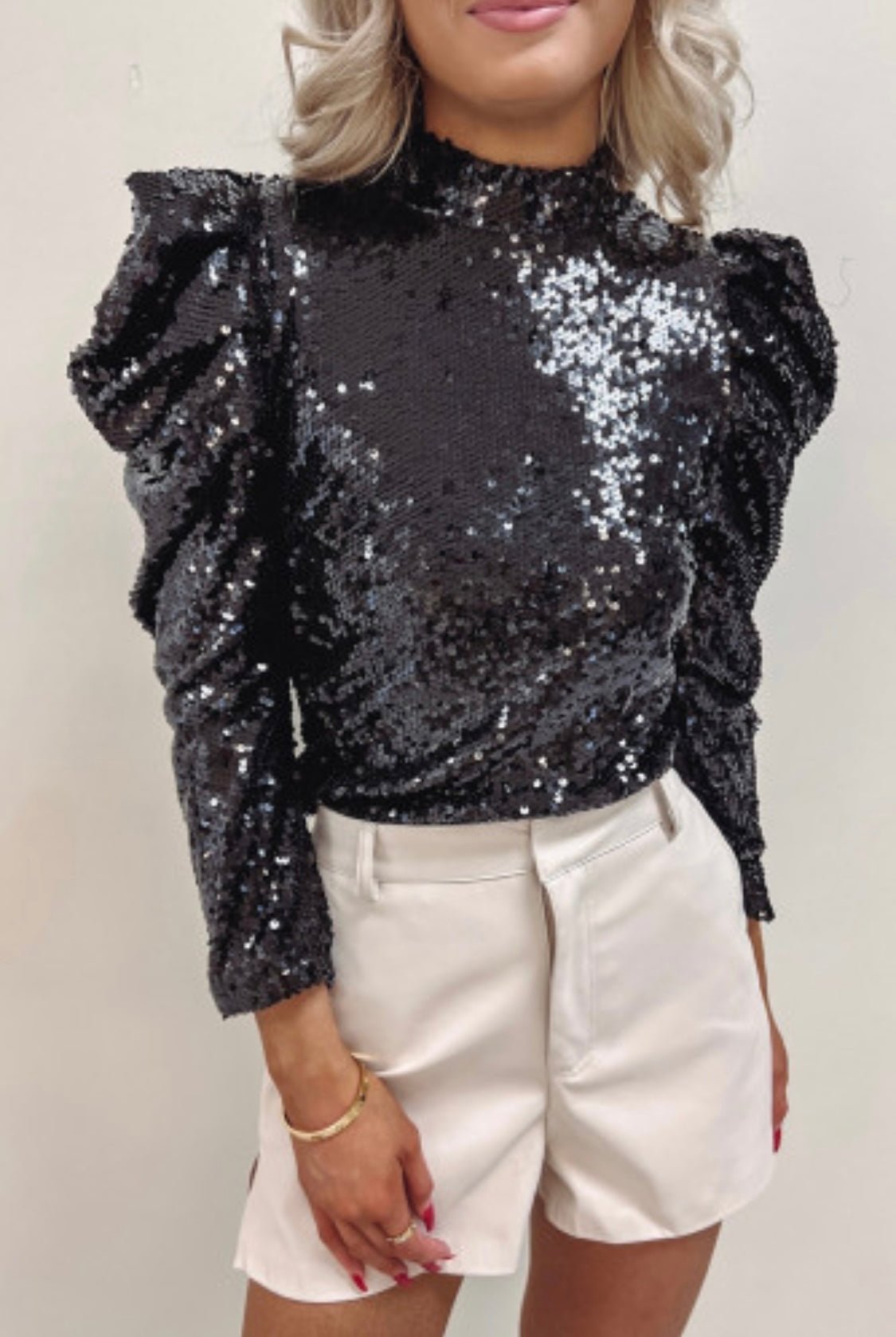 Black Sequin Puff Sleeve Mock Neck Top with Zipper Closure - Bella Boutique & Bellasbylola.com