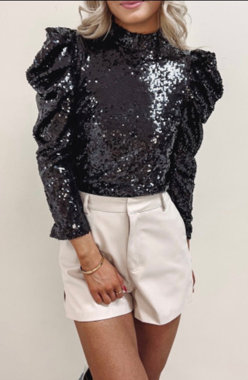 Black Sequin Puff Sleeve Mock Neck Top with Zipper Closure - Bella Boutique & Bellasbylola.com