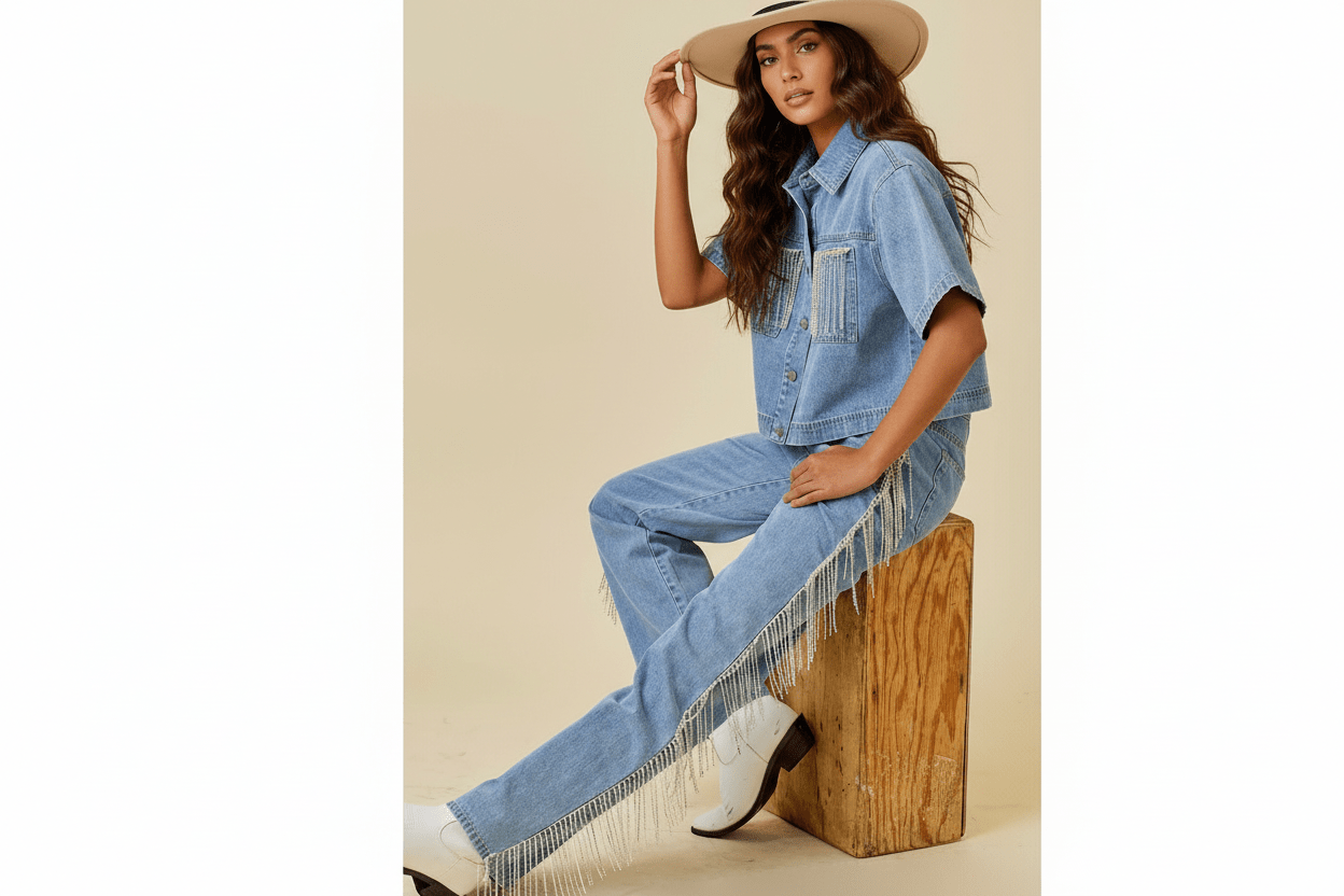 Side And Back Rhinestone Fringe Trim Denim Pants - Bella Boutique & Bellasbylola.com