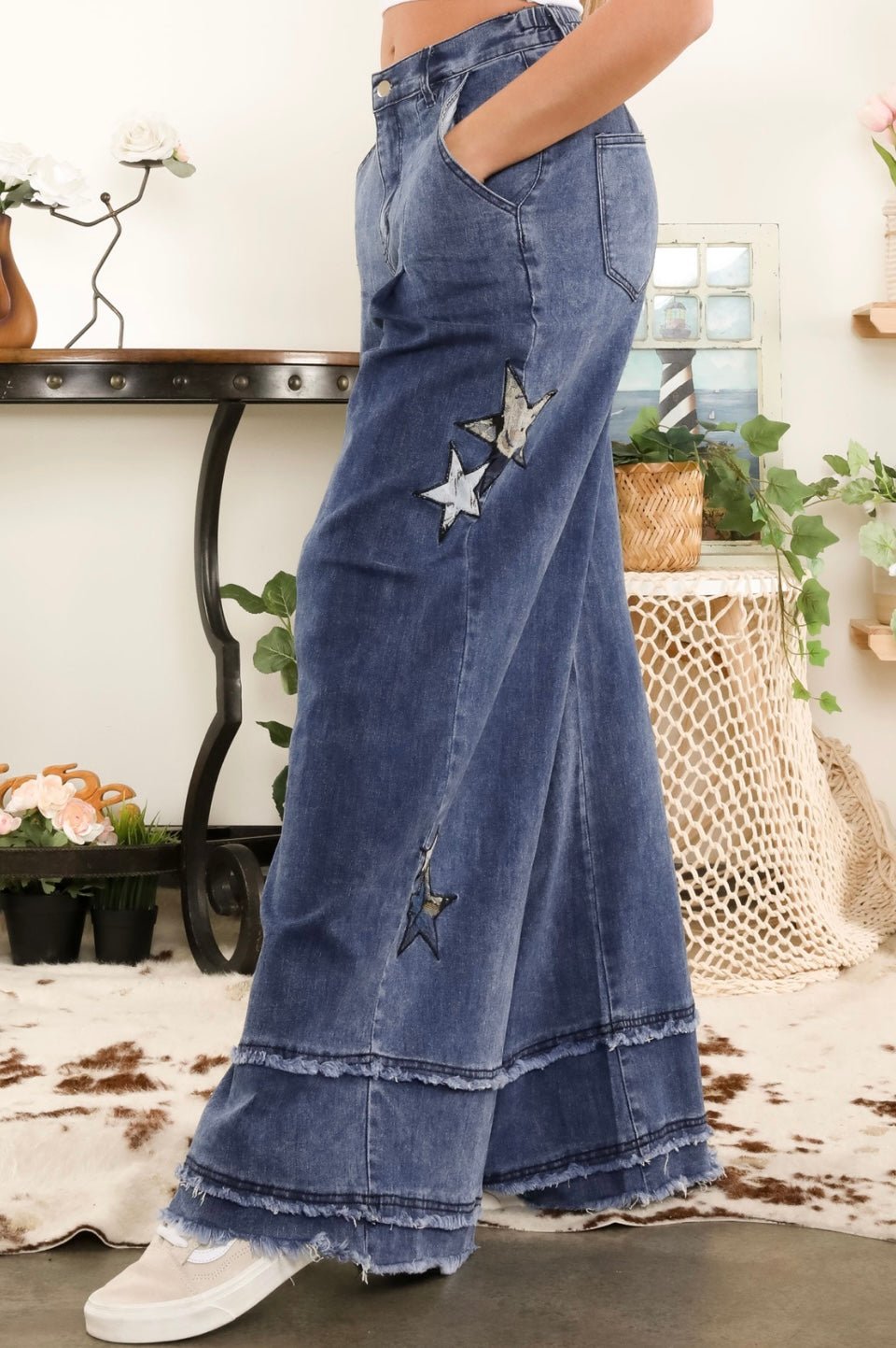Star Light Denim Pants - Unique Washed Star Patch Design, Wide Cut and Raw Edge Hem 🌟 - Bella Boutique & Bellasbylola.com