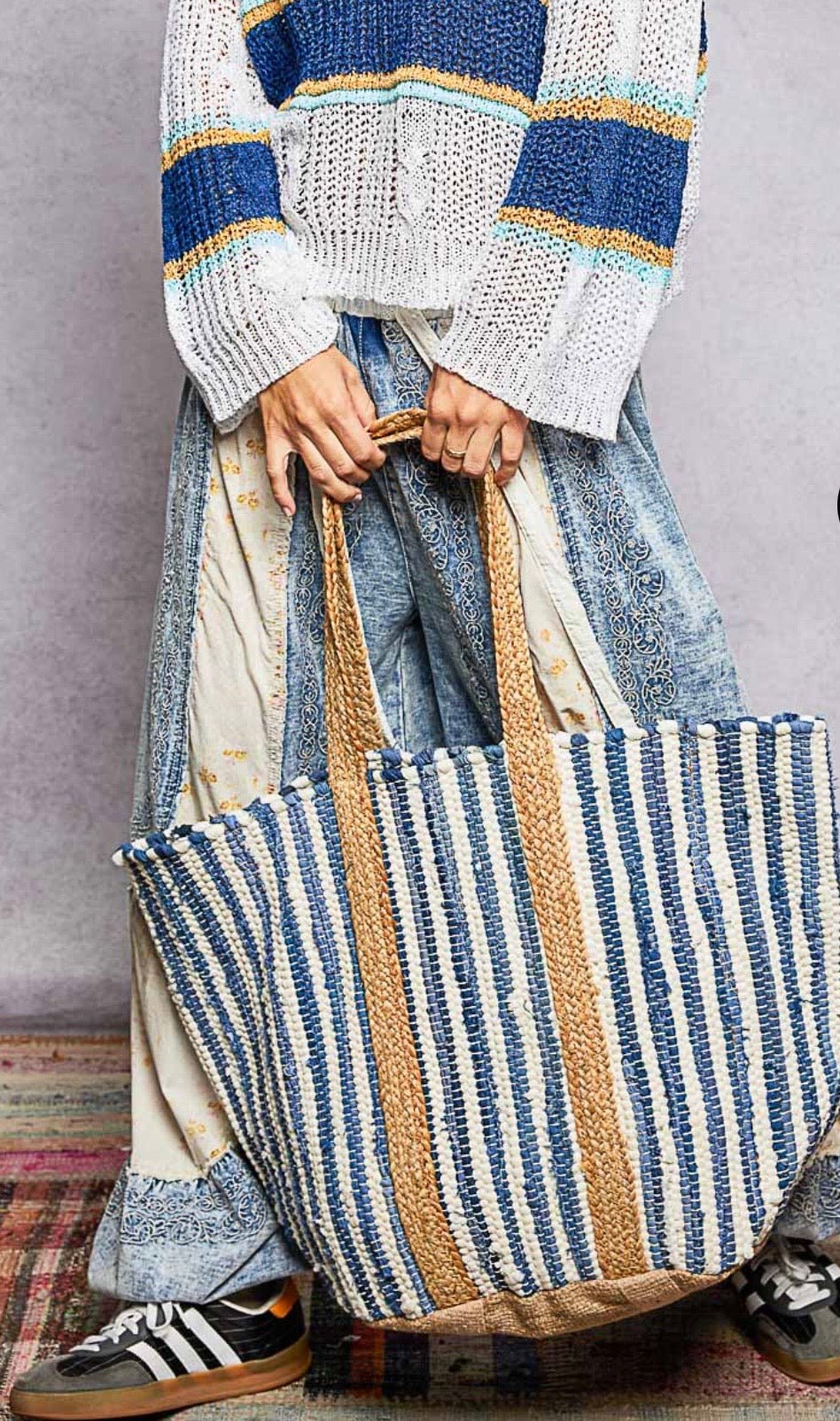 Stripes Denim Big Tote Bag - Bella Boutique & Bellasbylola.com