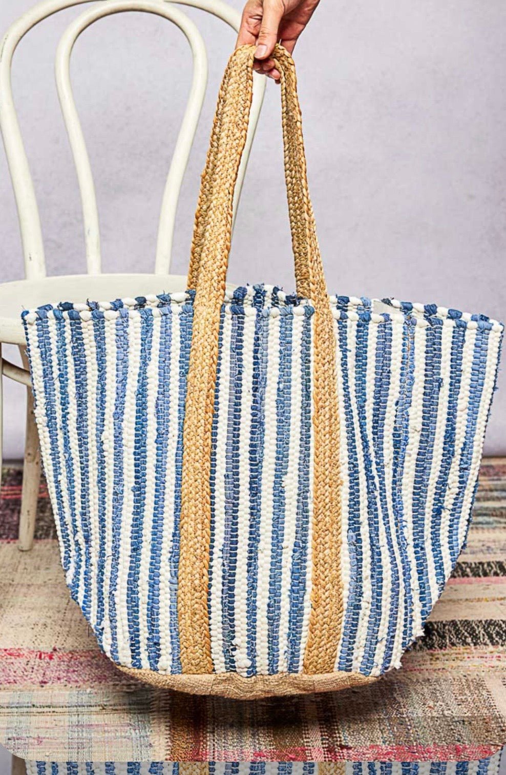 Stripes Denim Big Tote Bag - Bella Boutique & Bellasbylola.com