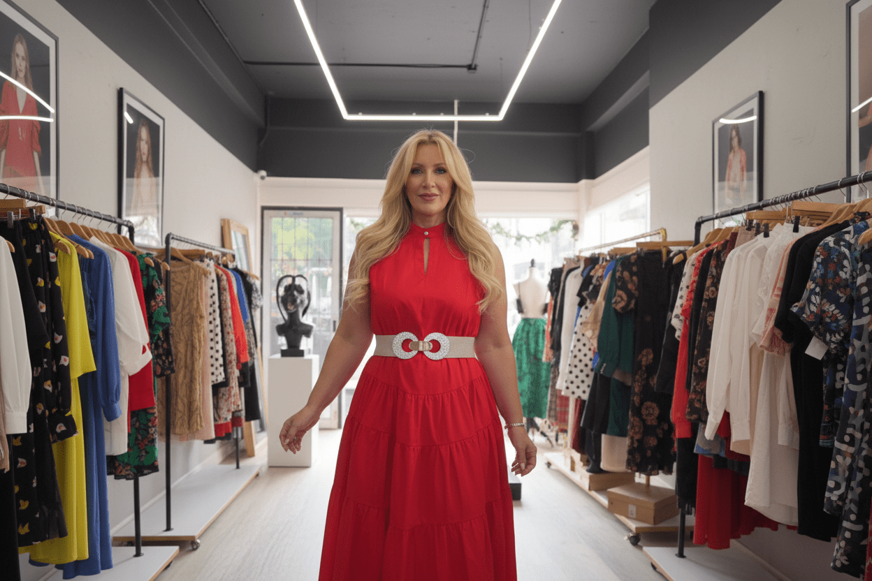 Versatile Virginia Dress: Stand collar, self - tie belt, tiered design, and flattering fit! - Bella Boutique & Bellasbylola.com