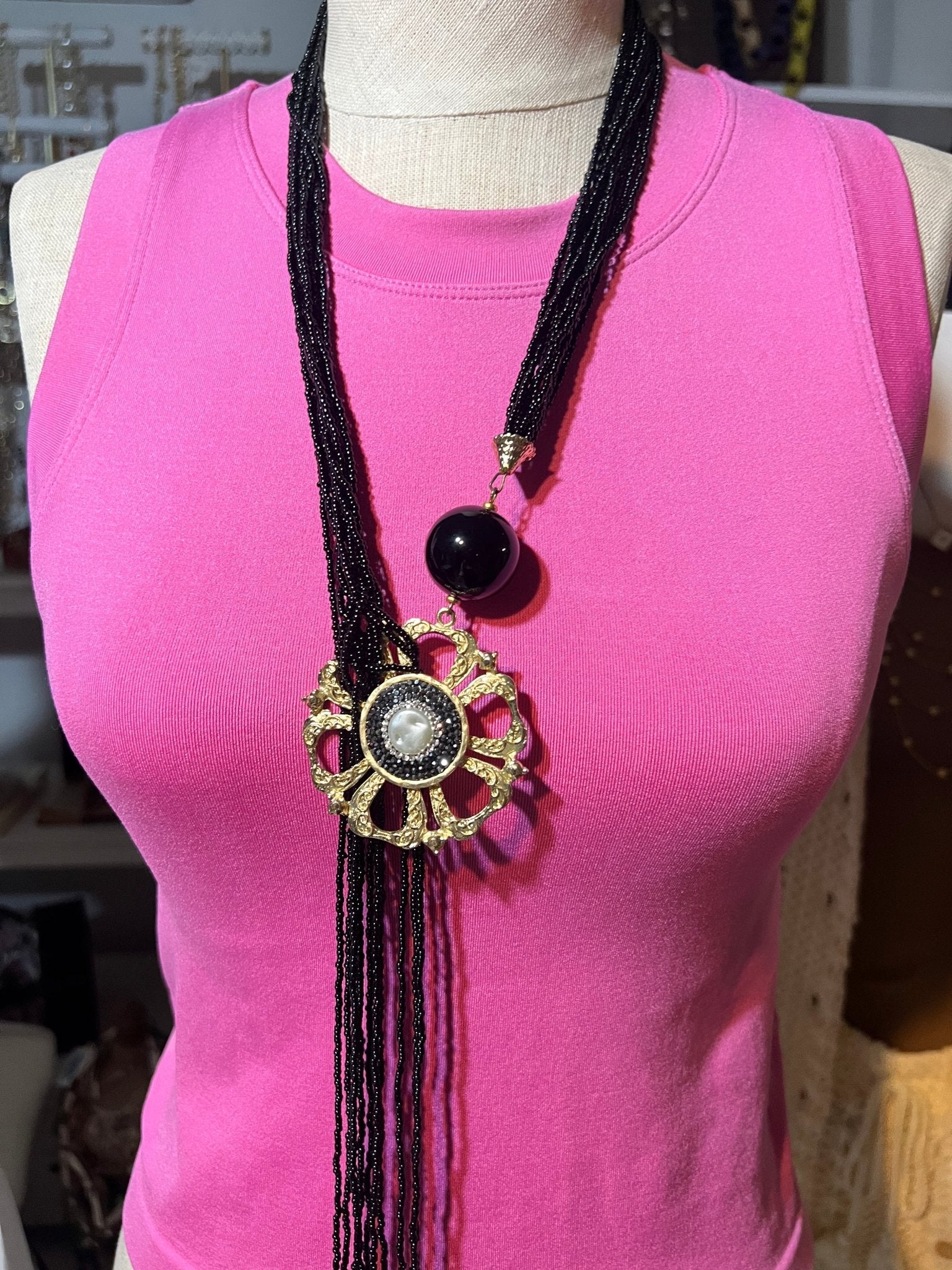 Vintage Black Beaded Statement Necklace with Gold Medallion Pendant - BELLASBYLOLA.COM