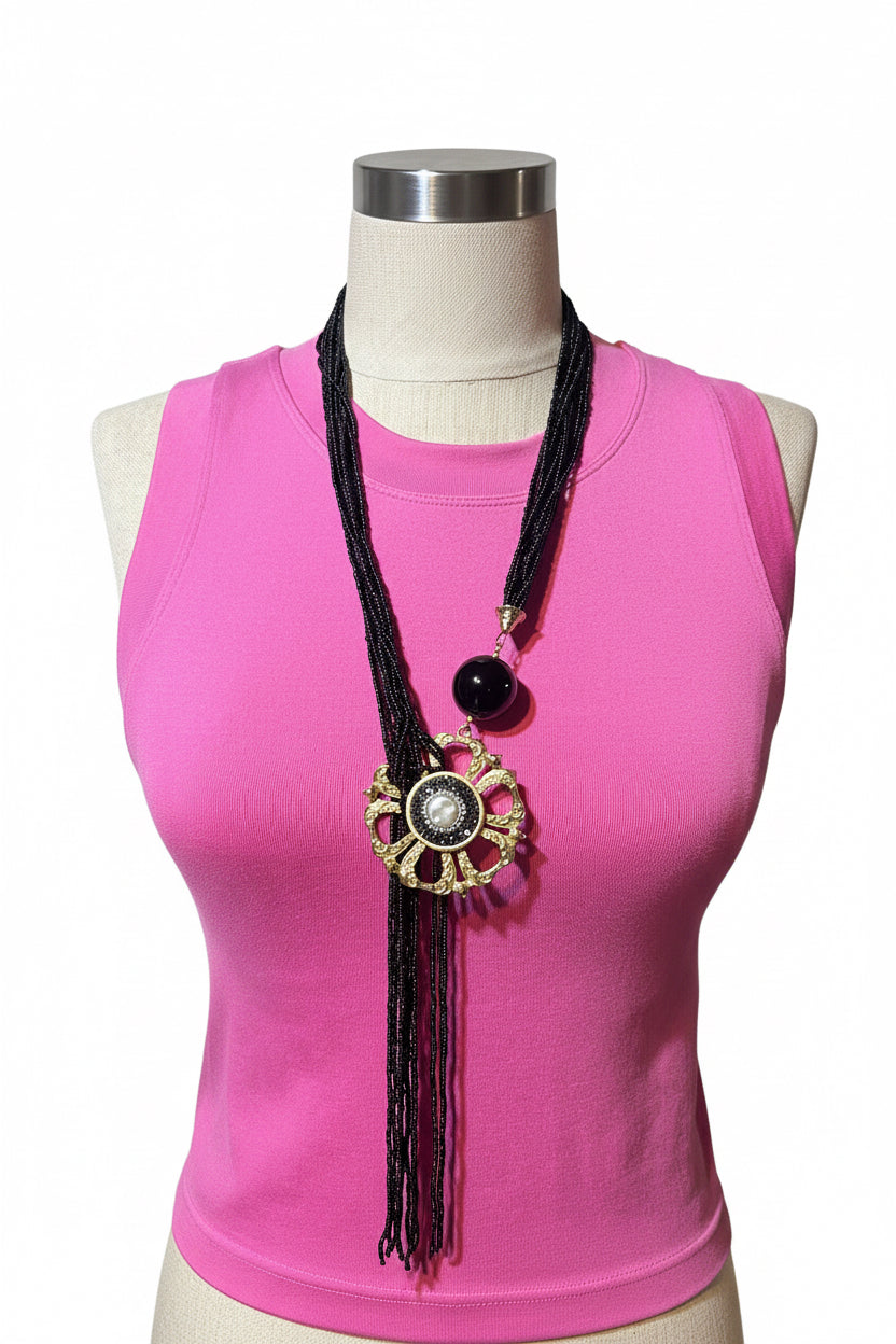Vintage Black Beaded Statement Necklace with Gold Medallion Pendant - BELLASBYLOLA.COM