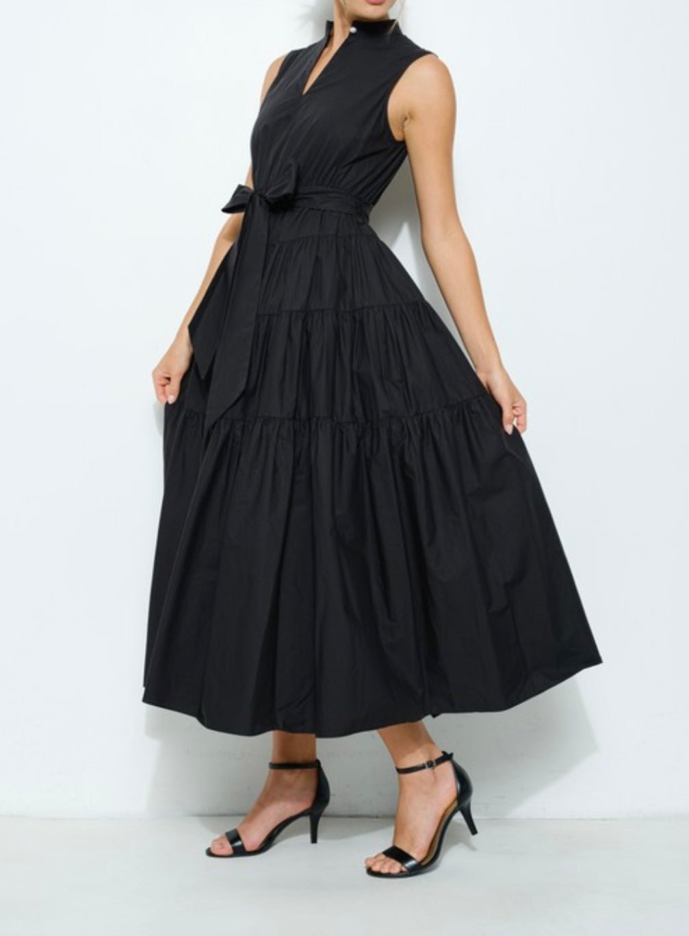 Versatile Virginia Dress: Stand collar, self-tie belt, tiered design, and flattering fit! - Bella Boutique & Bellasbylola.com