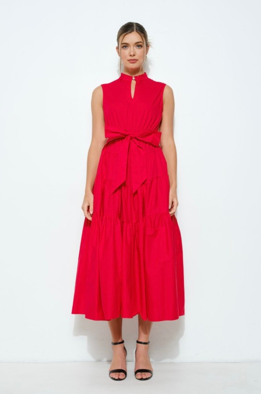 Versatile Virginia Dress: Stand collar, self-tie belt, tiered design, and flattering fit! - Bella Boutique & Bellasbylola.com