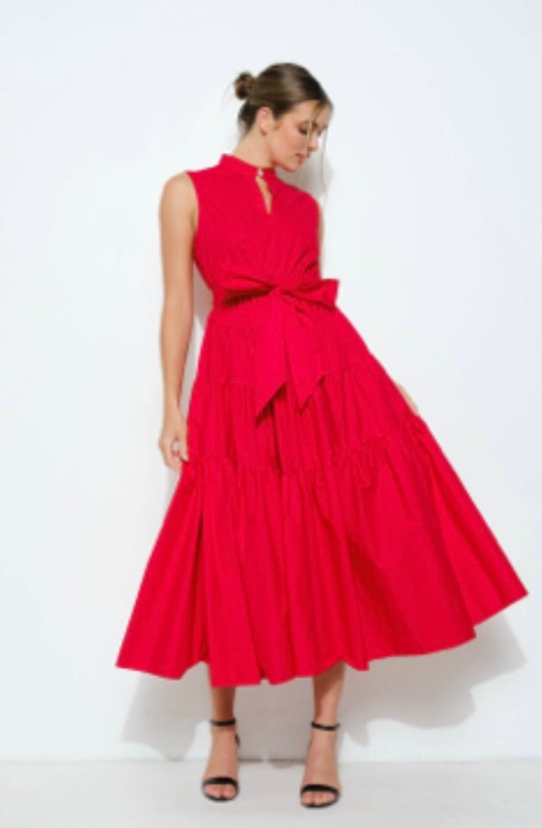 Versatile Virginia Dress: Stand collar, self-tie belt, tiered design, and flattering fit! - Bella Boutique & Bellasbylola.com