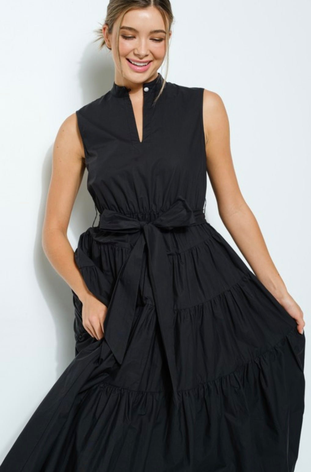 Versatile Virginia Dress: Stand collar, self-tie belt, tiered design, and flattering fit! - Bella Boutique & Bellasbylola.com