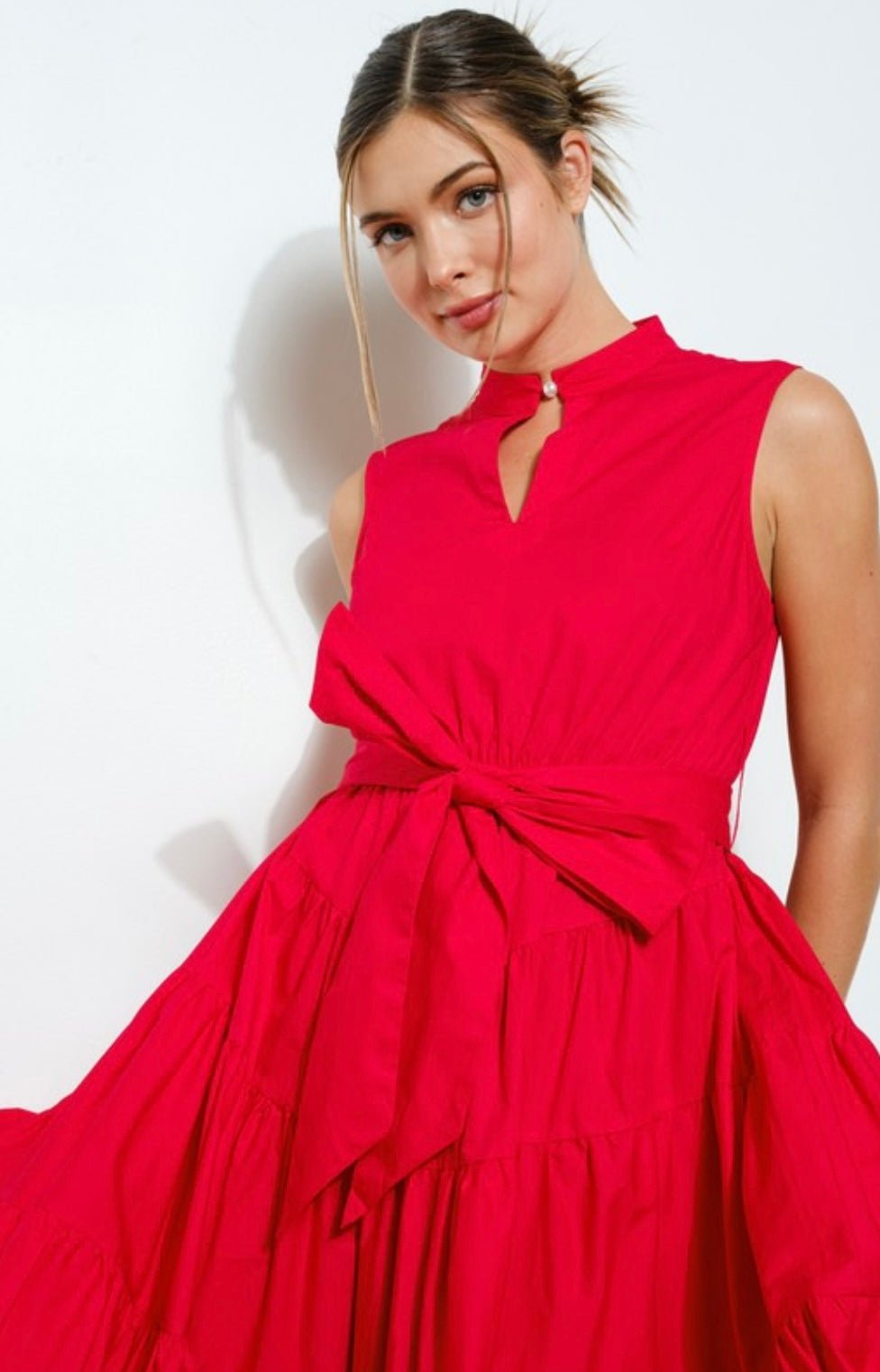 Versatile Virginia Dress: Stand collar, self-tie belt, tiered design, and flattering fit! - Bella Boutique & Bellasbylola.com