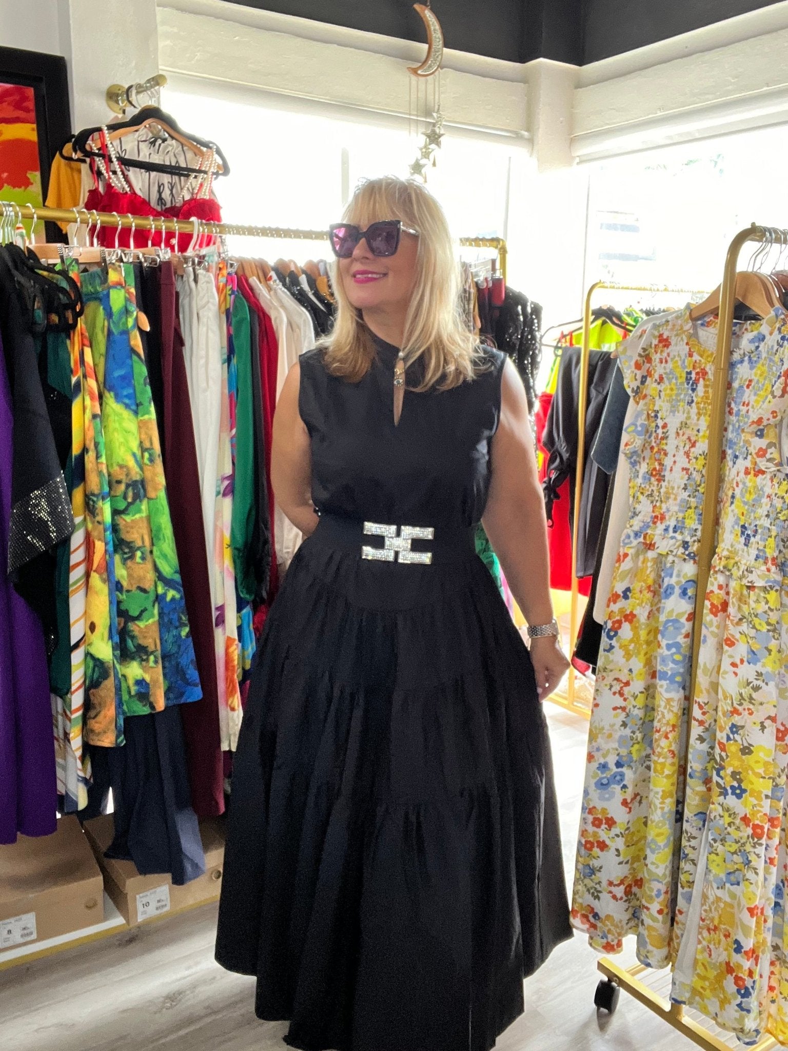 Virginia Dress: Sophisticated Stand Collar Midi Dress with Self-Tie Belt - 100% Cotton - Bella Boutique & Bellasbylola.com