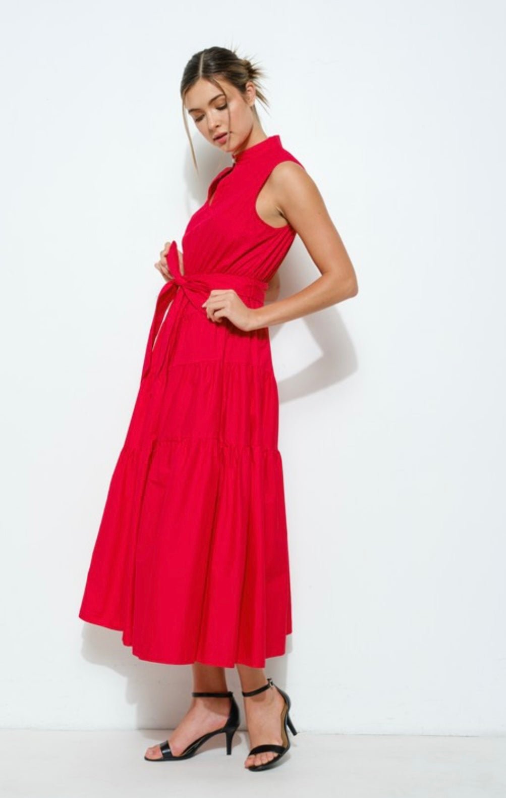 Versatile Virginia Dress: Stand collar, self-tie belt, tiered design, and flattering fit! - Bella Boutique & Bellasbylola.com