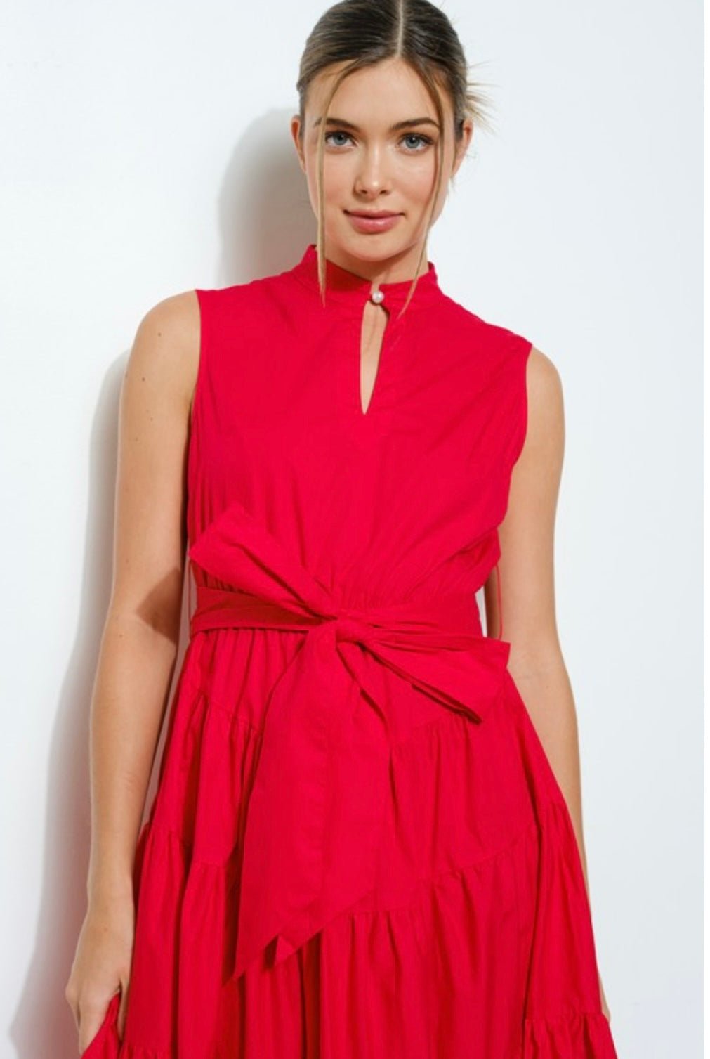 Versatile Virginia Dress: Stand collar, self-tie belt, tiered design, and flattering fit! - Bella Boutique & Bellasbylola.com