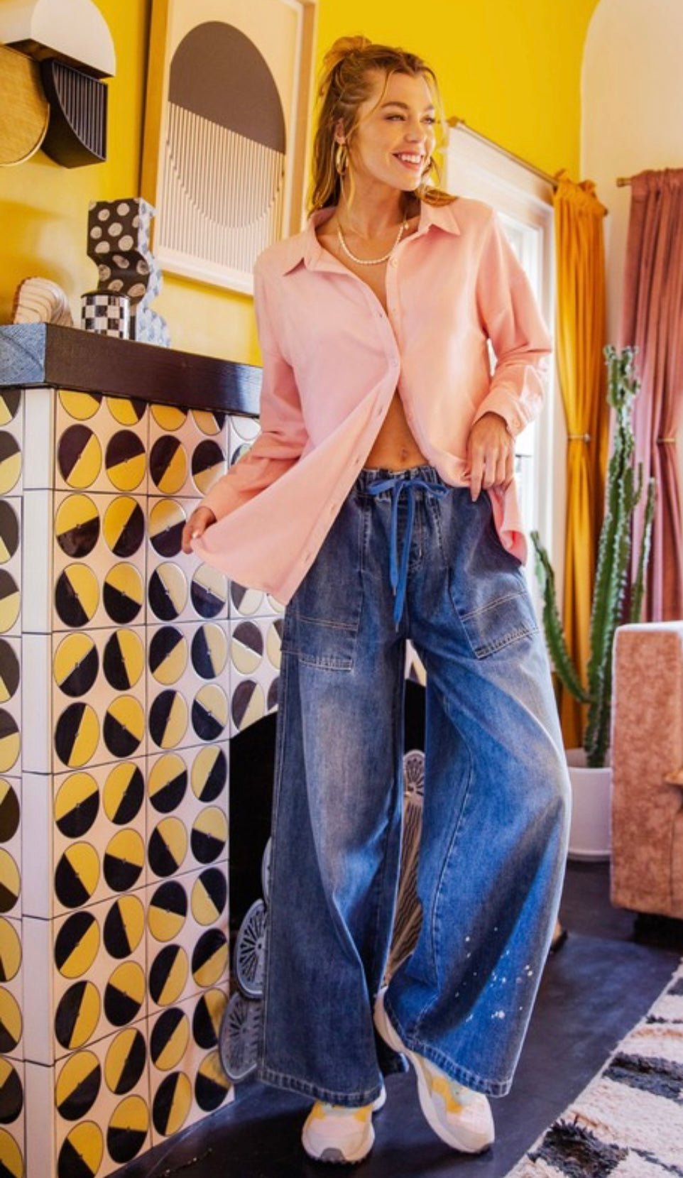 Wanda Jeans: Wide-Legged Denim with Drawstring Waist & Artistic Painted Accents - Bella Boutique & Bellasbylola.com