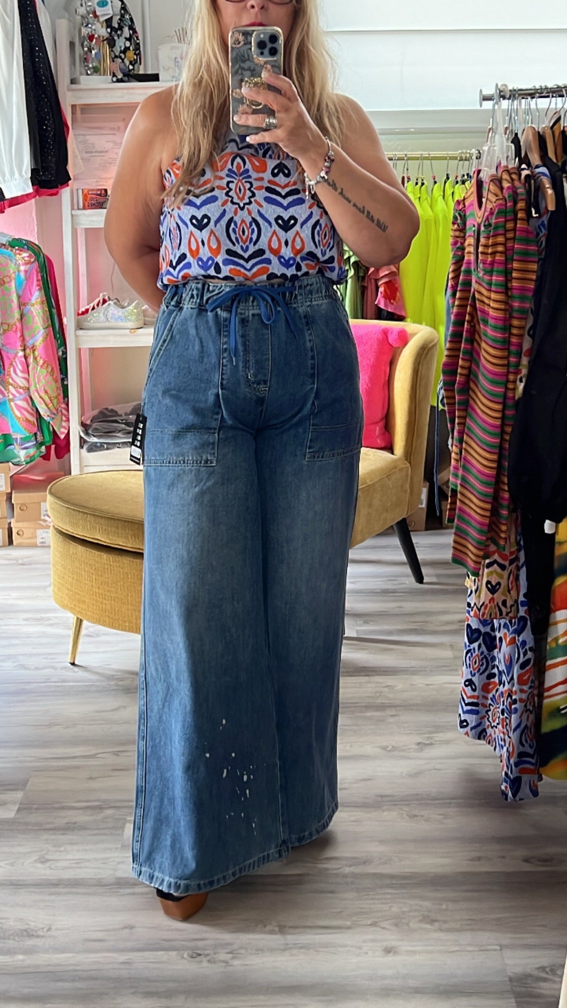 Wanda Jeans: Wide-Legged Denim with Drawstring Waist & Artistic Painted Accents - Bella Boutique & Bellasbylola.com