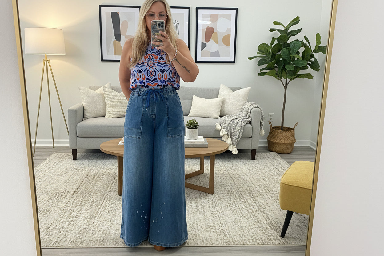 Wanda Jeans: Wide-Legged Denim with Drawstring Waist & Artistic Painted Accents - Bella Boutique & Bellasbylola.com