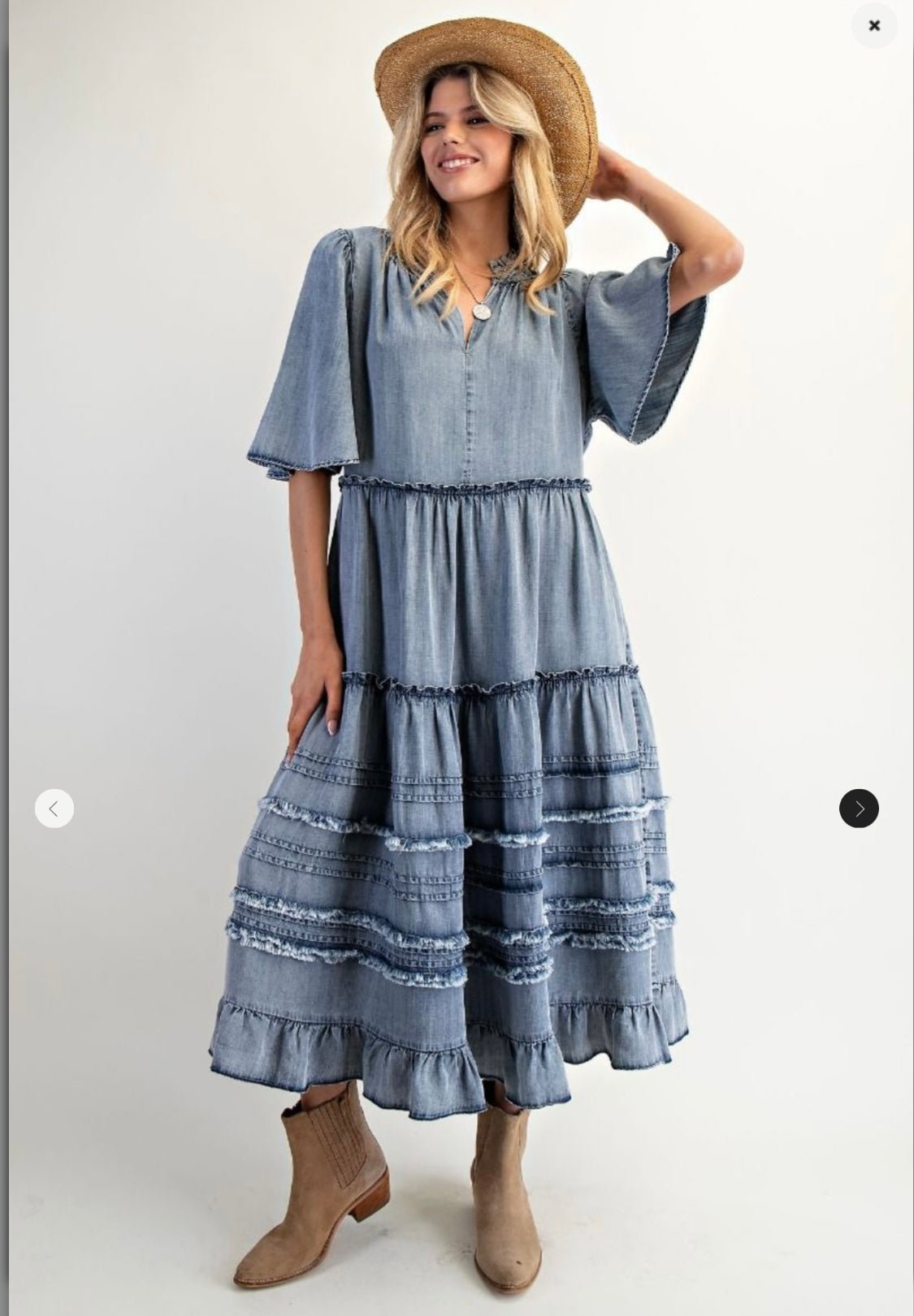 Flowy Tiered Denim Maxi Dress with V-Neck and Raw Edge Finish - Bella Boutique & Bellasbylola.com