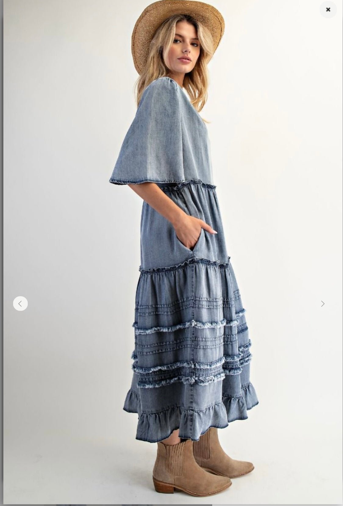 Flowy Tiered Denim Maxi Dress with V-Neck and Raw Edge Finish - Bella Boutique & Bellasbylola.com