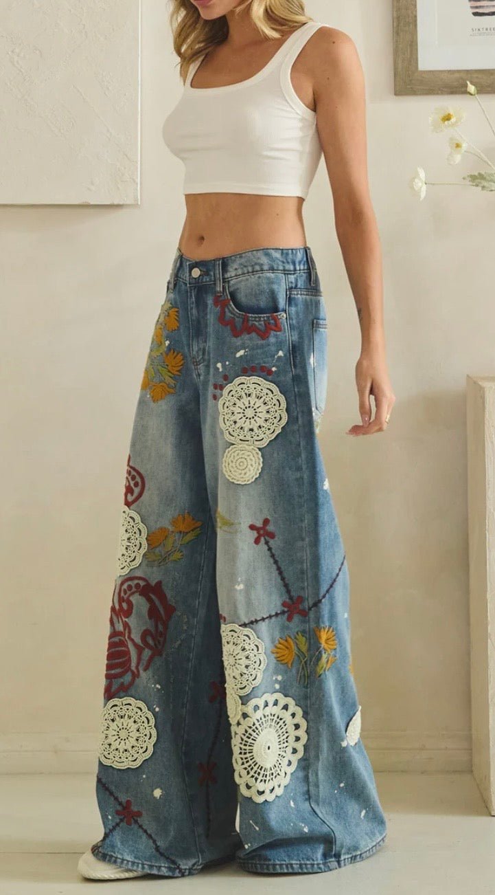 WASHED EMBROIDERY WIDE LEG DENIM PANTS - PREORDER - BELLASBYLOLA.COM