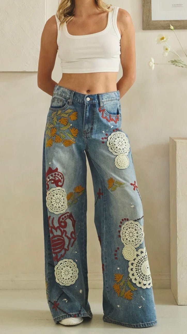 WASHED EMBROIDERY WIDE LEG DENIM PANTS - PREORDER - BELLASBYLOLA.COM