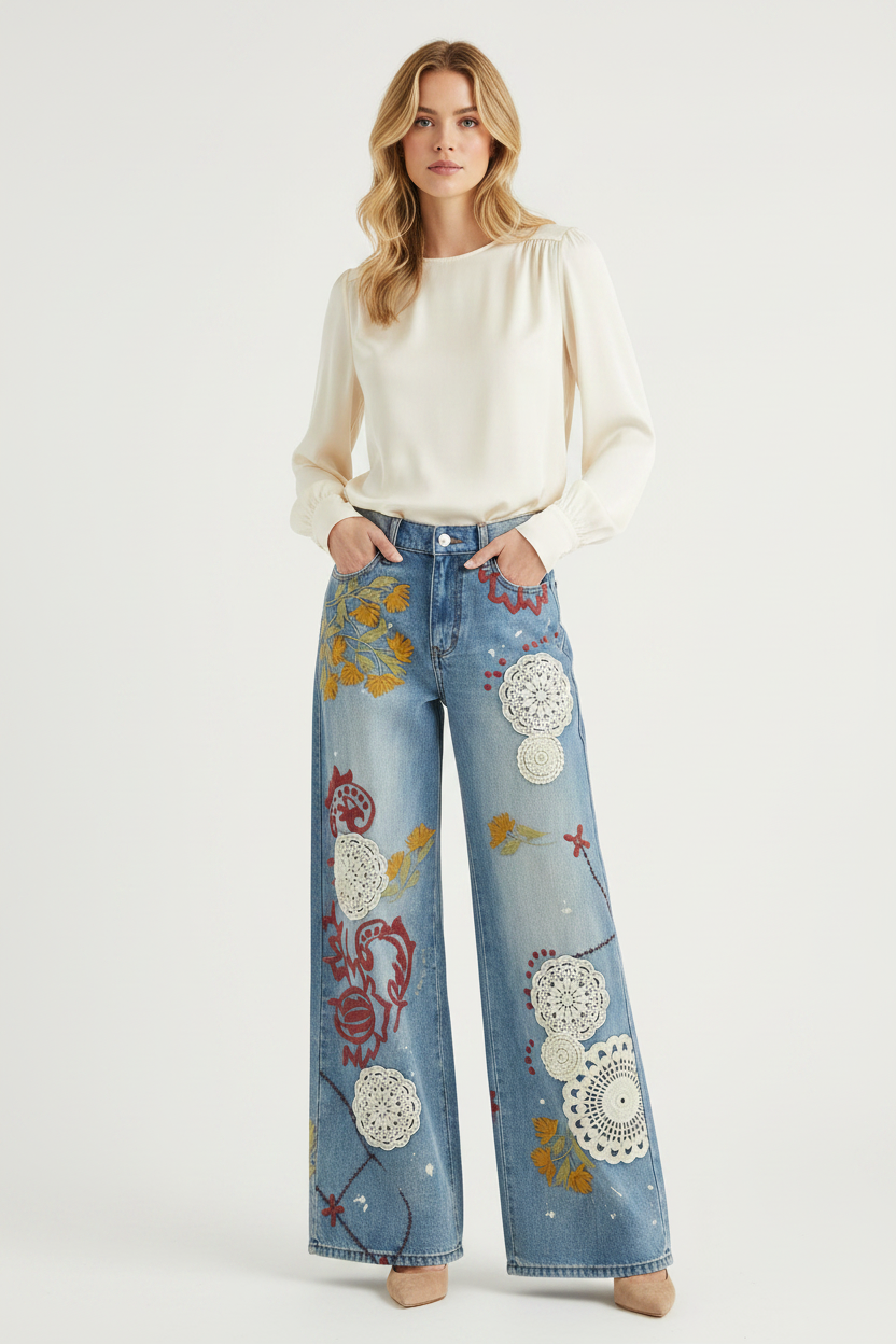 GORGEOUS EMBROIDERED & CROCHET WIDE LEG JEANS -( if between sizes, choose bigger size)