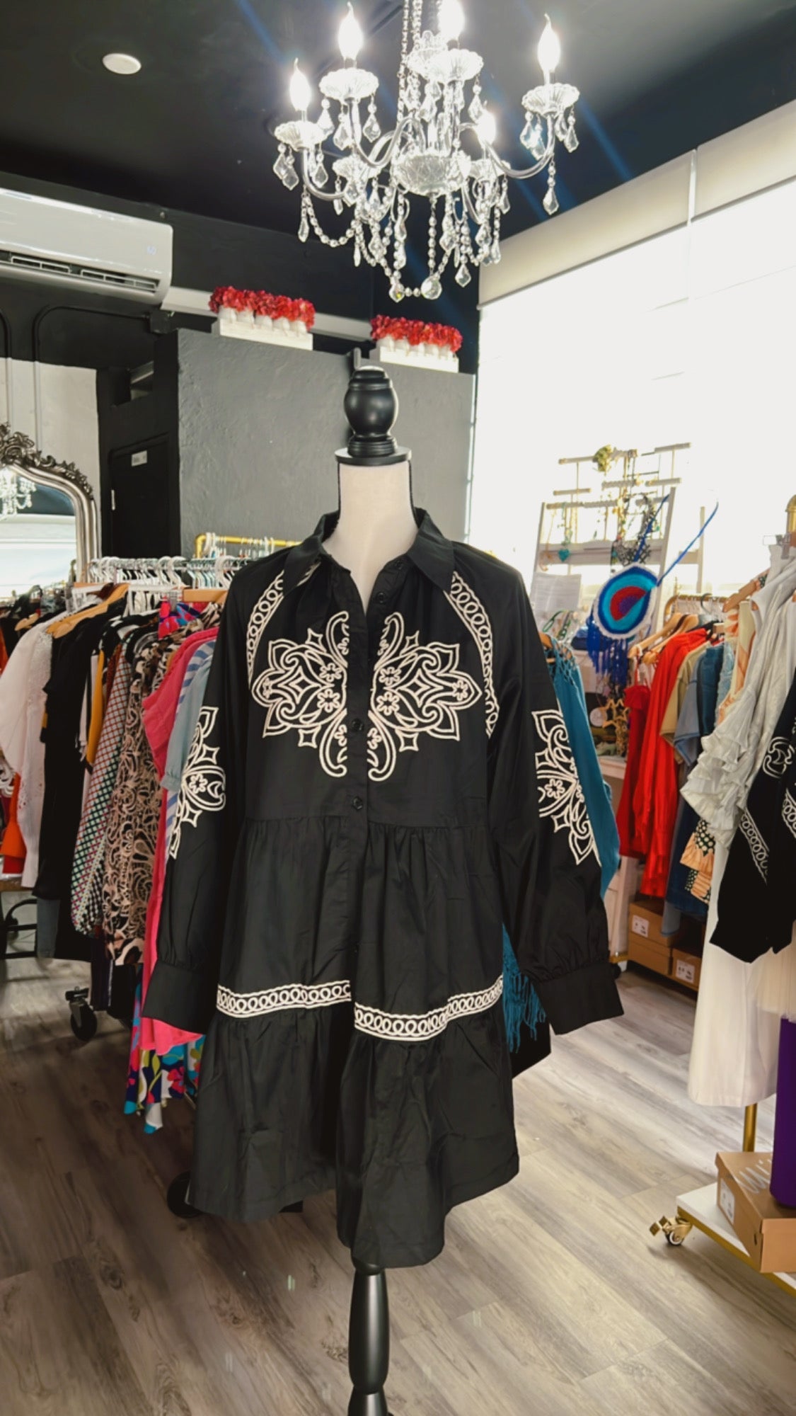 Elegant Embroidered Button-Down Mini Dress with Puff Sleeves - Bella Boutique & Bellasbylola.com