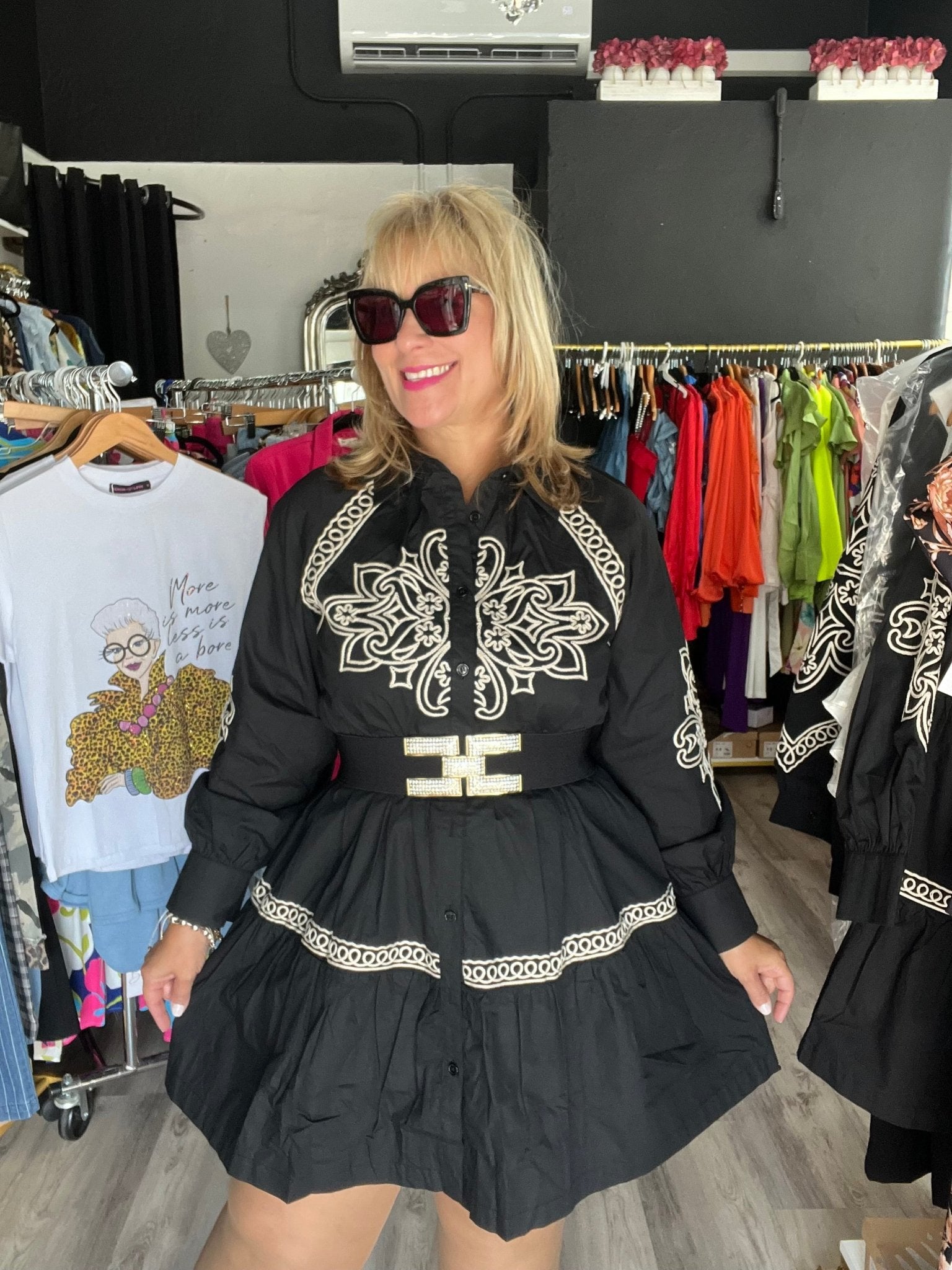 Elegant Embroidered Button-Down Mini Dress with Puff Sleeves - Bella Boutique & Bellasbylola.com